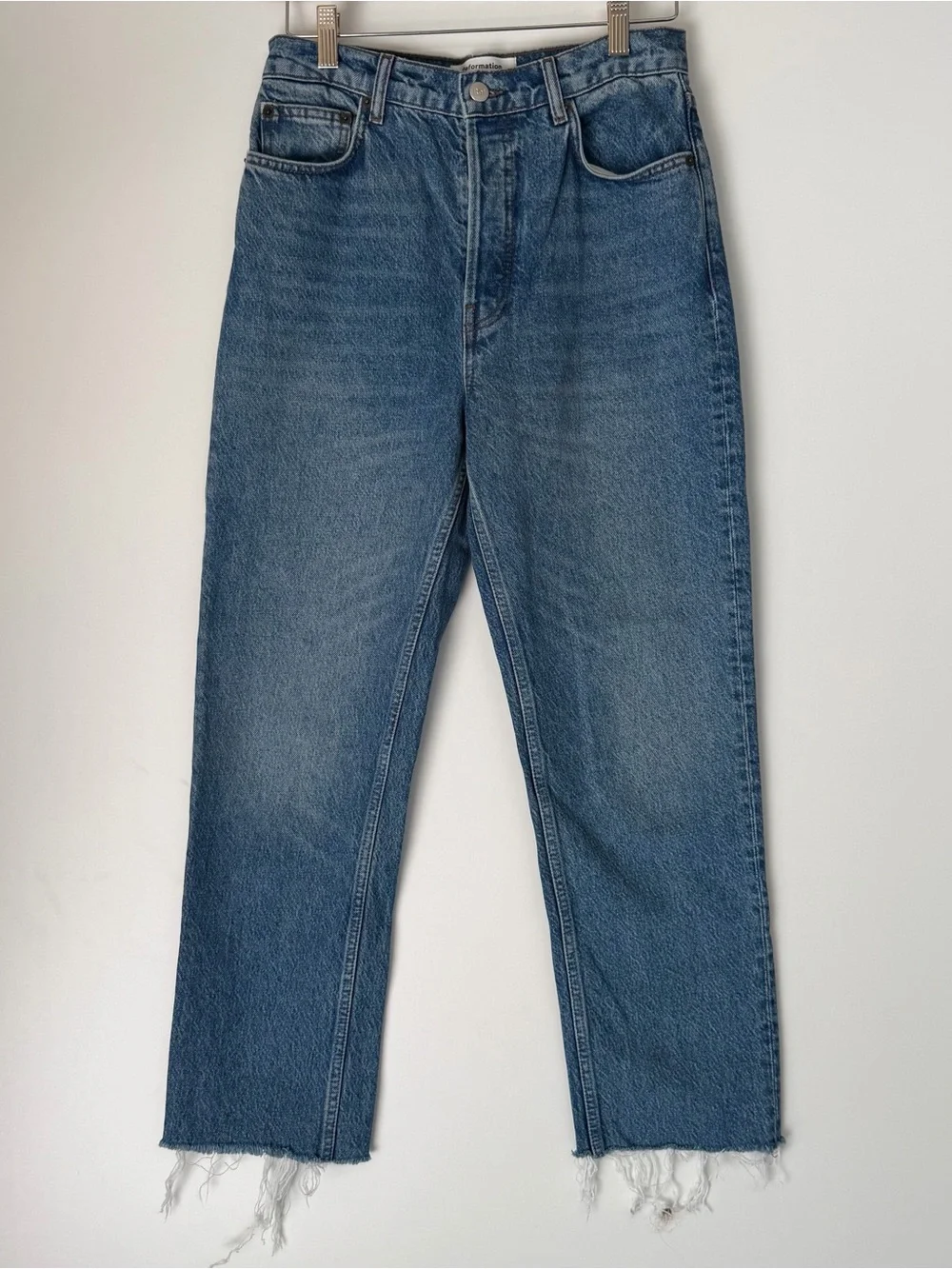 Reformation Women's High Rise Raw Frayed hem Straight Blue Jeans